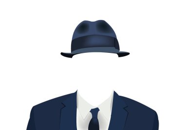 Invisible businessman wearing a blue suit and hat, symbolizing mystery, absence, or anonymity in the corporate world clipart