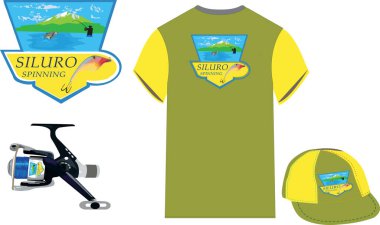 Fishing logo design with mountain lake, angler, fish and lure, printed on t shirt and hat with spinning reel clipart