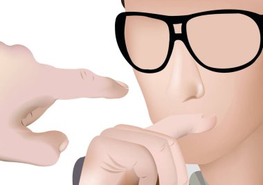 Close up of a thoughtful businessman wearing glasses, with a finger pointing towards him clipart