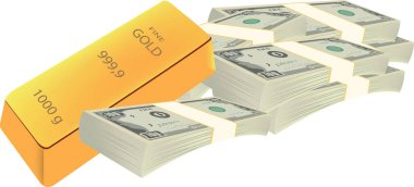 Altın külçeleri 100 dolarlık banknotlara dayanıyor, yatırımı, serveti ve finansal güvenliği simgeliyor.