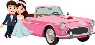Yeni evliler evliliklerini şık, pembe, üstü açık bir arabayla kutluyorlar.