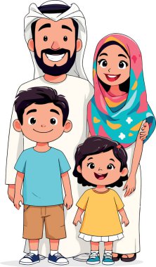 Geleneksel kıyafetler giyen neşeli Müslüman bir ailenin çizgi film çizimi