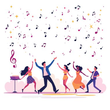 Dostlar müzikten ve danstan hoşlanır. Müzik notaları ve üç tuşlu anahtarla.