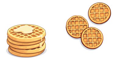 Lezzetli waffle 'lar, üst üste istiflenmiş ve şurupla ıslanmış, üç yuvarlak waffle' ın yanında, tadını çıkarmaya hazır.