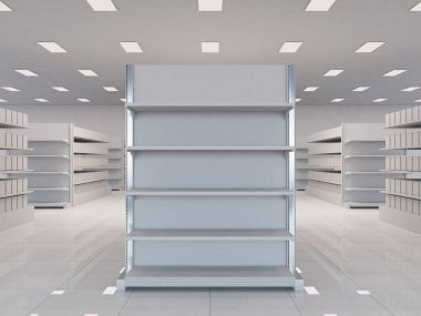 Süper marketler için gondol sonu. 3d resimleme