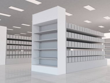 Süpermarket Koridorunu Gondola perspektifli göster. 3B resimleme
