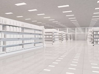 İçinde boş mallar olan rafları olan bir süpermarketin içi. Ürünler şişeler, kutular ve ambalajlar. 3d resimleme