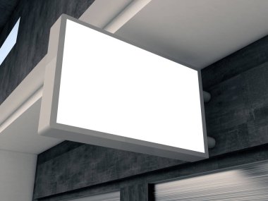 Yaratıcı boş depo işareti şablonu izole tasarım modeli, Temiz depolama şablonu. Sokak duvarda asılı. Logonun sunumu için panel. Metal bayrak, 3D resimleme