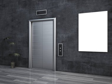 Asansör kapısı illüstrasyonlu galeri posteri. 3B resim oluşturma