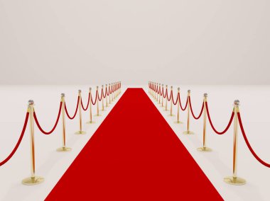 Özel bir tören için kırmızı ipli altın bariyerler arasındaki kırmızı halı. 3d resim çizimi.