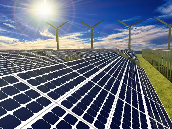 Solar panels and wind power generation and aerial photo of new energy solar photovoltaic panels outdoors at sunrise. landscape against blue sky with clouds. 3d rendering illustration