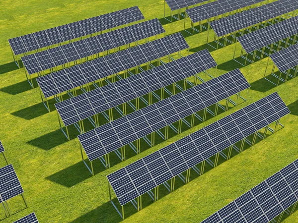 Solar panels. Solar power plant. Alternative source of electricity. Solar farm or solar panels station. 3d rendering illustration