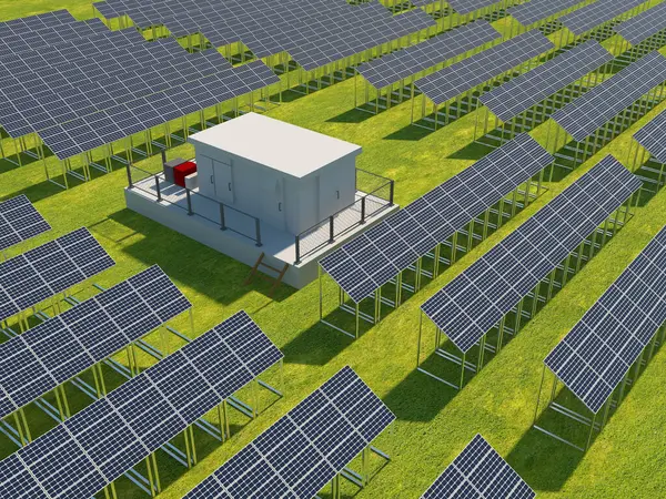 Solar panels on the grass. Solar power plant. solar power station. Alternative source of electricity. Solar farm. 3d rendering illustration
