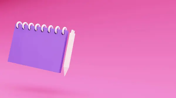 floating closed notepad with pencil on pink background. Copywriting, notepad, writing on document, note taking, project plan concept. Cartoon icon minimal style. 3d rendering illustration