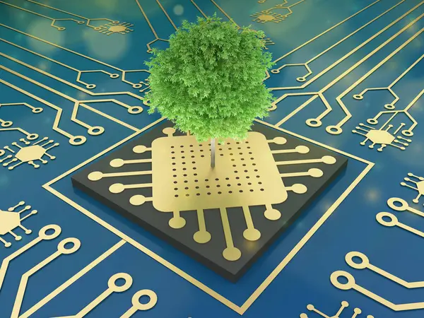 A growing tree rising at the intersection of a computer circuit board, Micro Scheme, and showing Cpu processor. Concept for Green computing, Green technology, Green IT, CSR. 3d rendering illustration