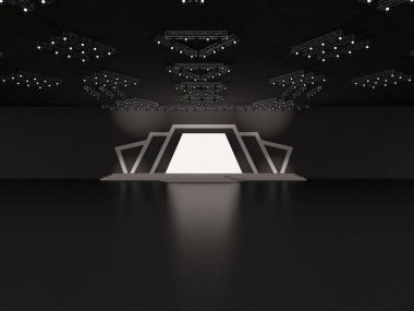 Önünde projeksiyon, sahne merdivenleri ve tavan projektör sistemi olan boş bir sahne var. Özel tasarım. İç mekan. 3d resimleme