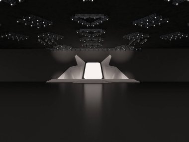 Geleceği parlak, yüksek teknolojili, merdivenli, boş sahne tasarımı. Ön manzara. Projeksiyon için öncü ekran ve bir tavan ışığı sistemi. Özel tasarım. Platform elementleri koridorda. 3d resimleme