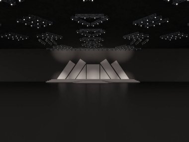 Önünde merdivenler olan boş bir sahne, arka planda sütun tasarımlı bir projeksiyon ve tavan projektör sistemi. Özel tasarım. İç mekan. 3d resimleme