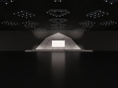 Projeksiyon için dikdörtgen şeklinde bir ekranı, sahne merdivenleri ve tavan projektör sistemi olan boş bir sahne. Özel tasarım. İç mekan. 3d resimleme