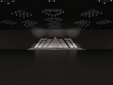 Ön planda bir üçgen zemin, sahne merdivenleri ve tavan projektörü olan boş bir sahne. Özel tasarım. İç mekan. 3d resimleme.