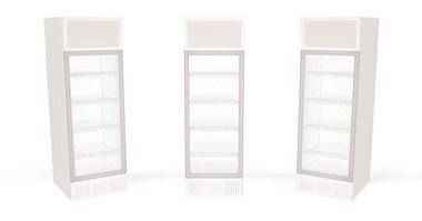 Marketin içinde bir cam kapılı üç boş buzdolabı ya da beyaz arka planda izole edilmiş bir süpermarket. 3d resimleme