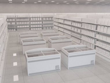 Süpermarketin içinde raflar ürün ambalajları ve iyi organize edilmiş mallarla dolu ve ara sokağın ortasında dondurucu kaputu var. Bakış açısı. 3d resimleme 