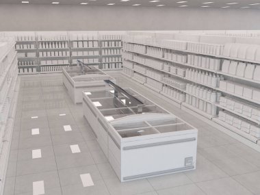 Ürün ambalajlarıyla dolu raflarla dolu bir süpermarket koridoru ve koridorun ortasında donmuş mallardan yoksun bir ada dondurucusu, potansiyel ve boşluk arasında bir zıtlık yaratıyor. Bakış açısı. 3d resimleme