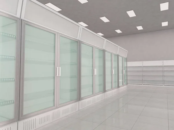 Refrigerated Freezer display cabinets for storage with glazed walls in the interior of the supermarket, or retail store. perspective view. 3d rendering illustration