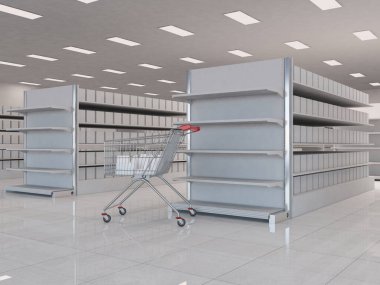 Süpermarketin koridorunda bir alışveriş arabası duruyor ve içinde çeşitli market eşyaları ve ürünler var. Bakış açısı. 3d resimleme