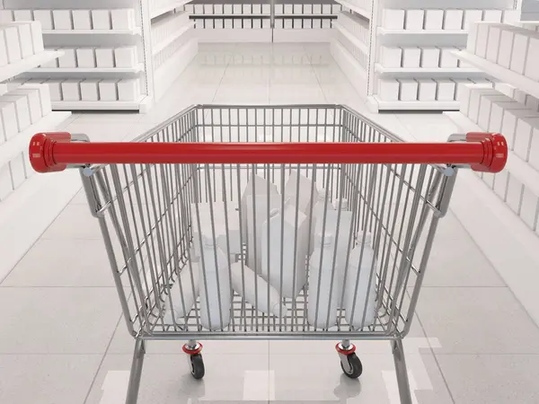 Supermarket shelves and aisles stocked with grocery box packaging and a red metal shopping cart with goods products. 3d rendering illustration