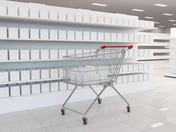 Red shopping cart full of goods products near the supermarket shelving rack of a grocery store or supermarket interior with blank products in clay render. extreme closeup. 3d Rendering illustration