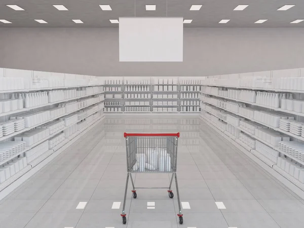 red shopping cart full of groceries sitting in an aisle with shelves full of products in a supermarket corridor store with a blank sign banner hanging from the ceiling. 3d rendering illustration