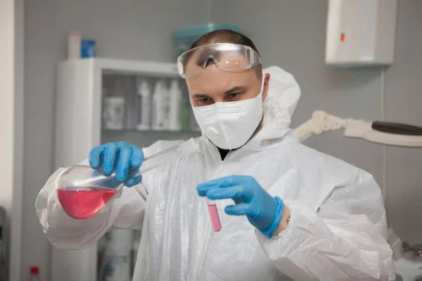 Scientific Virologist Biologist Protective Suit Blue Gloves Holds Test Tube — Stock Photo, Image