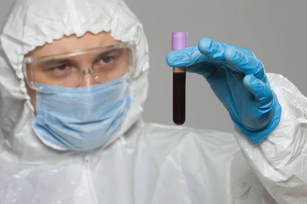 Scientific Virologist Biologist Protective Suit Blue Gloves Holds Test Tube — Stock Photo, Image