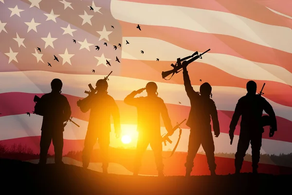 Usa Army Soldiers Background Sunset Sunrise Usa Flag Greeting Card — Photo