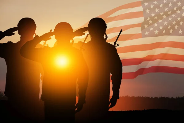 Usa Army Soldiers Saluting Background Sunset Sunrise Usa Flag Greeting — Photo
