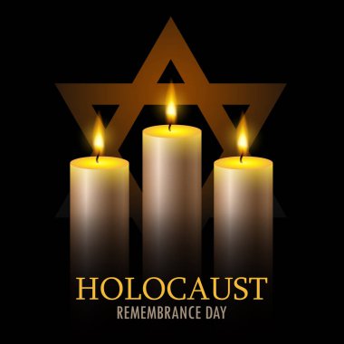 International holocaust remembrance day. Three burning candles and star of David on a black background. EPS10 vector.