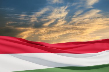 Waving flag of Hungary in sunset sky. Independence day, National day. Background with place for your text. 3d-rendering.