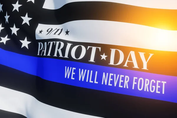 American flag with police support symbol Thin blue line and light spot. Remembering, memories on fallen people on september 11, 2001. Patriot day. 3d image.