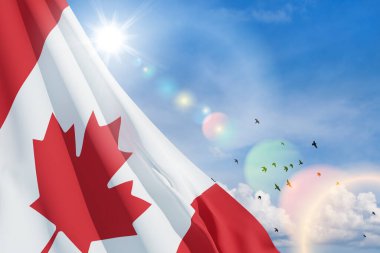 Canada national flag waving on blue sky with flying birds. Canada day. 3d-rendering.
