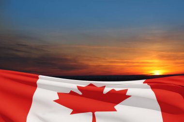 Canada national flag waving on sunset sky. Canada day. 3d-rendering.