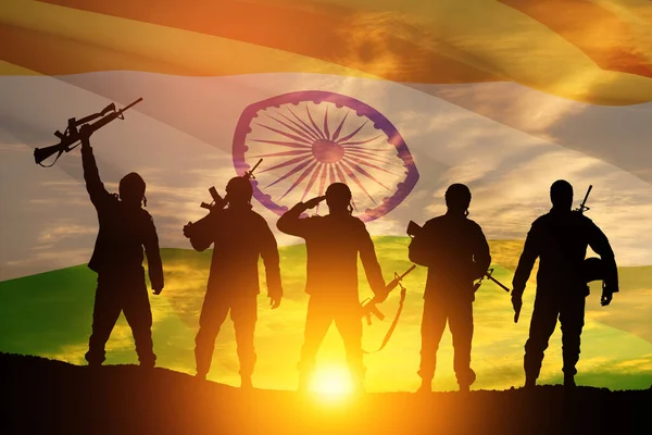 Silhouettes Soldiers Background India Flag Sunset Sunrise Greeting Card Independence — Photo