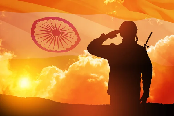 Silhouette Soldier Saluting Background India Flag Sunset Sunrise Greeting Card — Photo