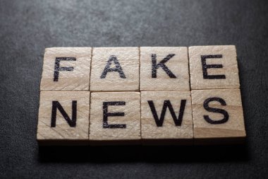 Macro of the words fake news formed by wooden blocks on black background.