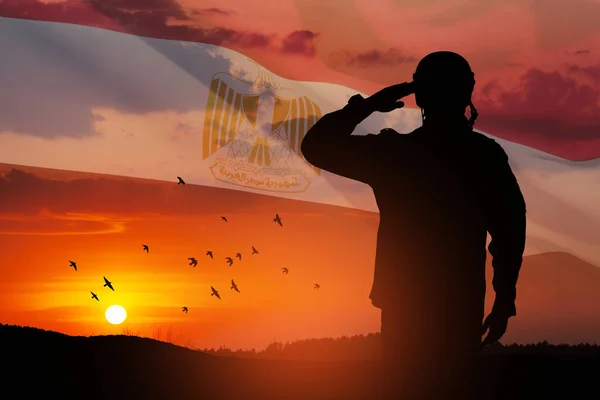 Double Exposure Silhouette Solider Sunset Sunrise Flag Egypt Closeup Greeting — Photo
