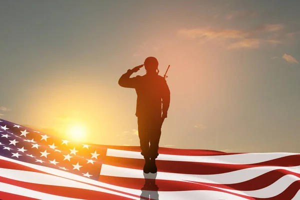 Usa Army Soldier Saluting Nation Flag Background Sunset Sunrise Greeting — Photo