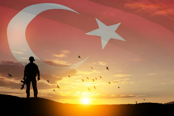 Silhouette Soldier Background Turkey Flag Sunset Sunrise Concept Crisis War — Photo