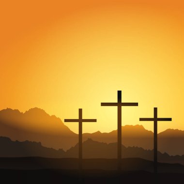 Christian cross on hill outdoors at sunrise. Resurrection of Jesus. Concept vector illustration. Orange background.