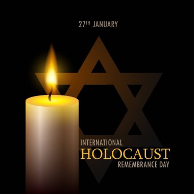 Holocaust remembrance day. One burning candle and star of David on black background. EPS10 vector.