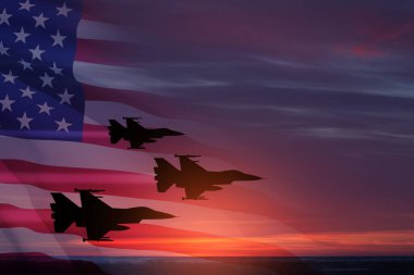 Air Force Day. Aircraft silhouettes on background of sunset with a transparent American flag.